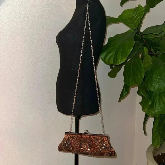 Women’s Coco Brown Rhinestone Iridescent Beads Evening Bag Purse Clutch - Picture 2 of 12